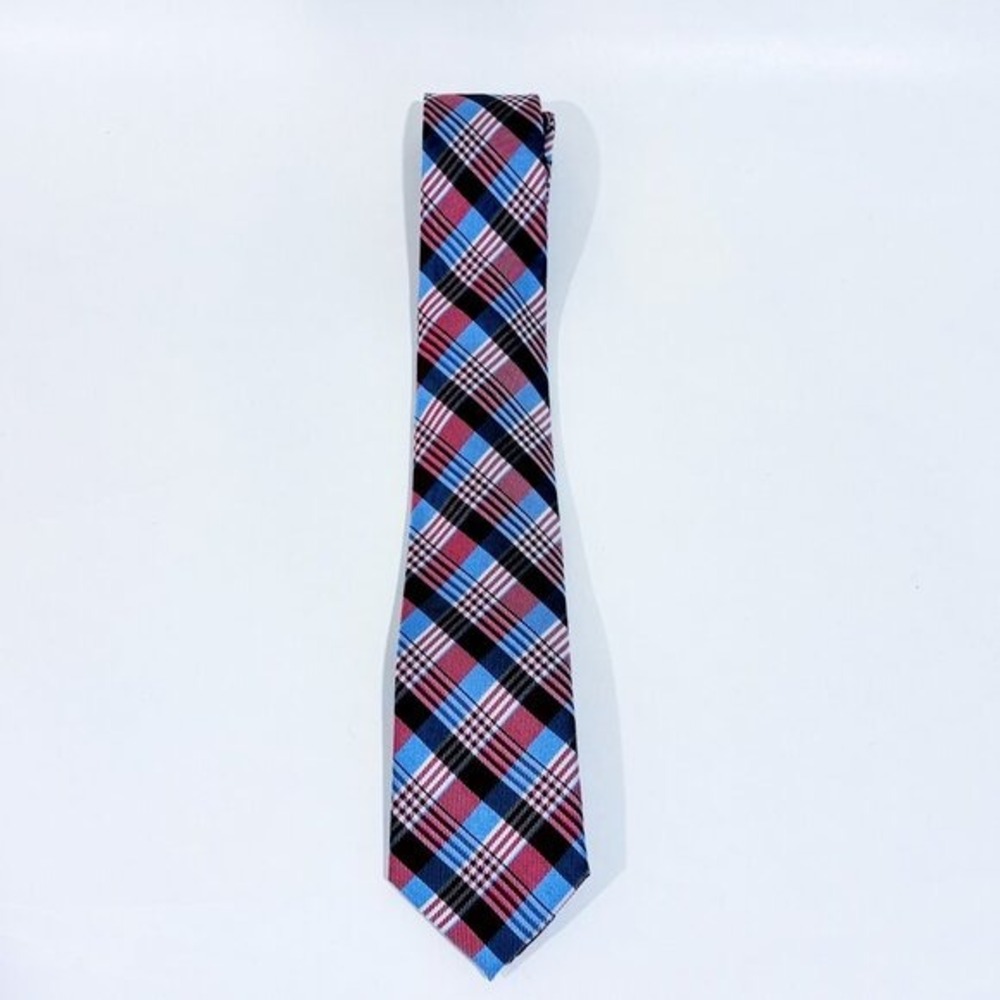 SIMONS Red Blue Plaid Silk Tie Classic Preppy